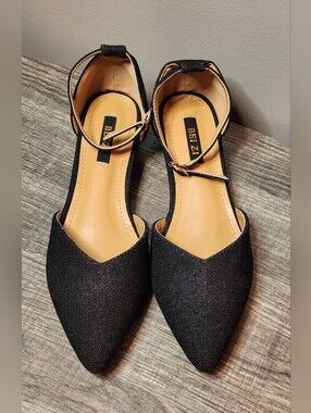 Bei Zi Women's Black Pointed Ankle-Strap Flats Size 39 (US 8.5)